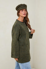 665 Manteau court tissu à motif, col rond fermeture à 4 boutons avec deux poches à l'avant